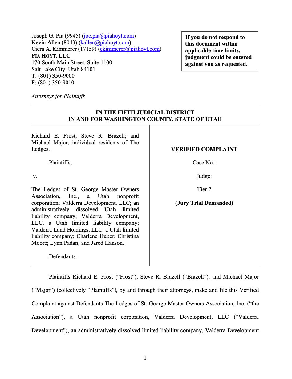 Cover page of the verified complaint